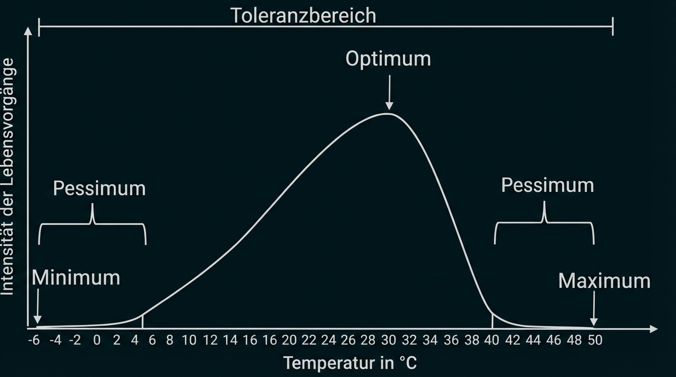 Toleranzkurve: Intensität der Lebensvorgänge vs. Temperatur, Optimum bei ~30°C, Pessima an beiden Seiten.